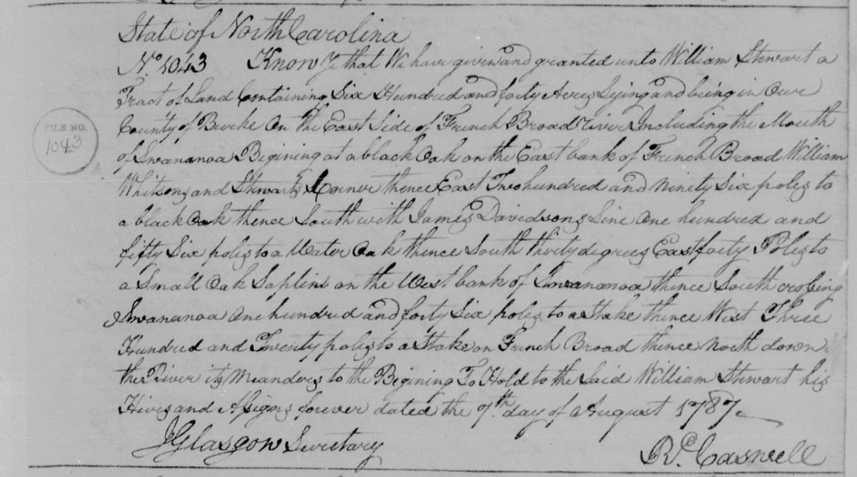 a scan from the State Archives of North Carolina showing the 1787 land grant from the state to William Stewart of 640 acres in Burke County